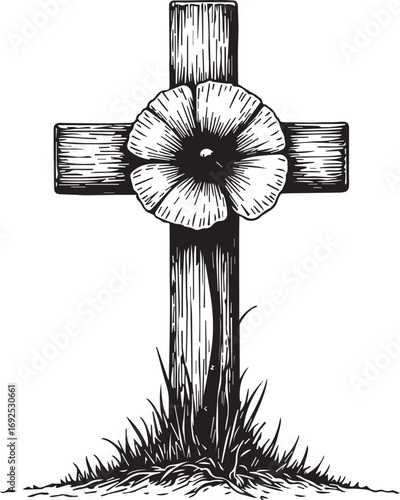 Rememberance Day cross: A somber engraving of a wooden cross adorned with a delicate poppy flower, symbolizing remembrance and honoring those who made the ultimate sacrifice.  