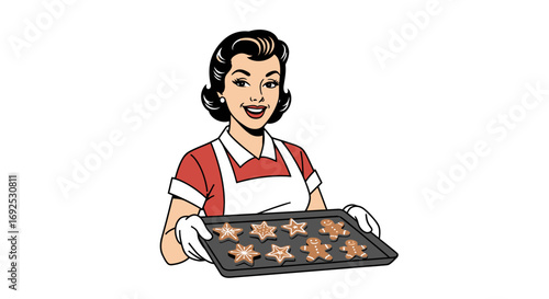 Retro-style woman in an apron and white gloves holding a baking tray with freshly baked gingerbread cookies, isolated on a white background, celebrating holiday season baking