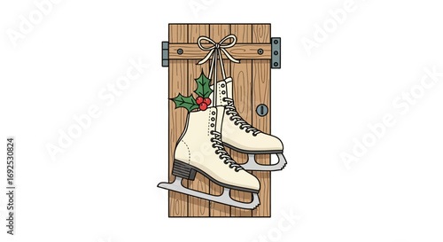Charming vintage ice skates with holly decorations hanging on a rustic wooden door, evoking a festive winter holiday spirit and nostalgic seasonal enjoyment