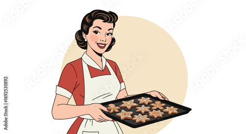 Smiling retro woman in apron holding a baking sheet with star-shaped cookies, vintage illustration for home baking and culinary themes