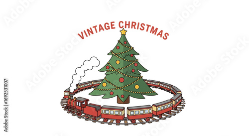 Classic Christmas Scene Featuring a Steam Train with Wagons Circling a Decorated Pine Tree, Evoking Nostalgic Holiday Cheer and Festive Winter Wonder