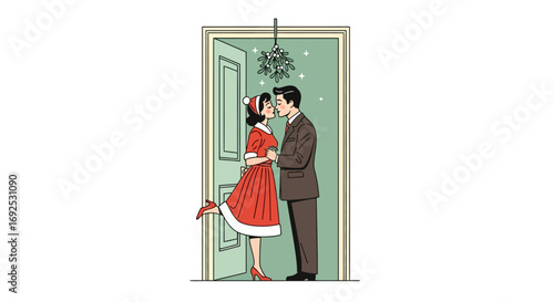 A couple shares a romantic Christmas kiss under mistletoe in a doorway, evoking holiday cheer and festive traditions of the season