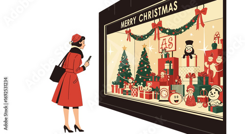 Woman in red coat looking at a decorated Christmas shop window filled with presents, trees, and festive lights, celebrating the holiday season