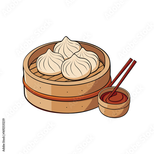 Delicious steamed dumplings served in a traditional bamboo steamer with a side of savory dipping sauce