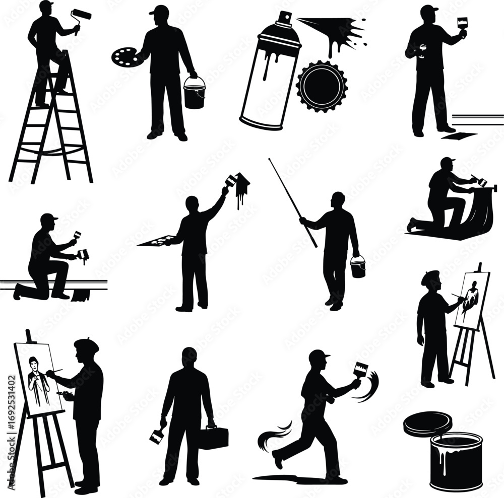Obraz premium Silhouette painters and decorators working with brushes, rollers, spray cans, ladders, painting walls, creating art, home improvement, artistic labor illustration, vector design.