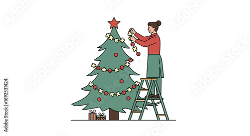 Young woman decorating a Christmas tree with ornaments on a ladder, surrounded by presents at its base, evoking the festive spirit of holiday preparation and seasonal joy