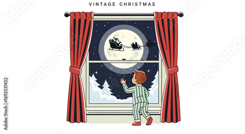 Watching Santa Claus in his sleigh fly across the moonlit winter sky with stars visible through the window, vintage Christmas illustration, a child in pajamas gazes with wonder and anticipation