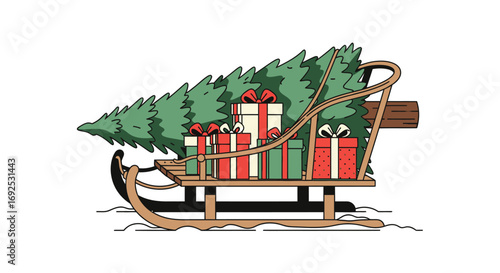 Festive Christmas sleigh overflowing with beautifully wrapped presents and a lush green pine tree, ready for holiday delivery and winter celebrations