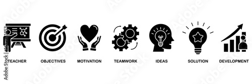 Workshop icon set vector illustration concept for teacher, objectives, motivation, teamwork, ideas, solution, and development