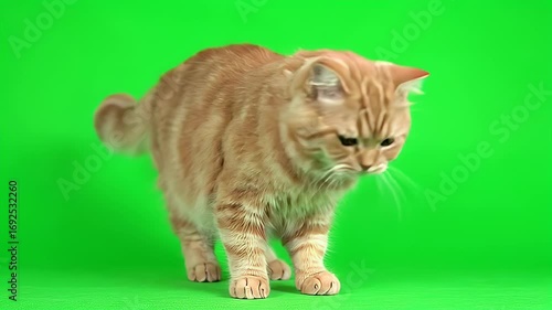 Cute ginger cat with striped fur looking down, standing on a vibrant green screen, ready for compositing