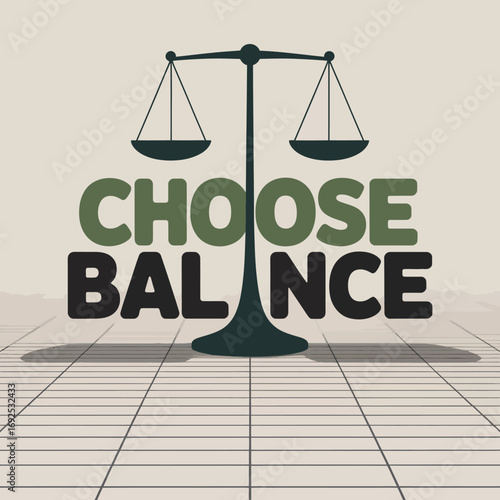 Modern graphic design poster featuring scales of justice symbolizing choice and balance with bold typography and abstract perspective grid vector
