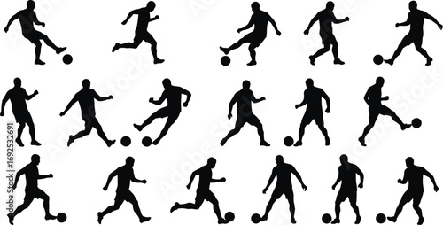 Silhouette soccer player in various action poses, football dribbling and kicking, sport movement sequence, athletic soccer skills, ball control, outdoor game, soccer training, dynamic player motion.