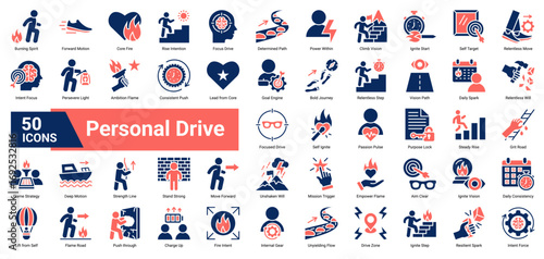 collection of Personal Drive icons. Containing inner fire, motivation, grit, resilience, intention, ambition, and forward motion. Ideal for self-growth and discipline themes.