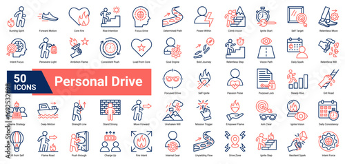  collection of Personal Drive icons. Containing inner fire, motivation, grit, resilience, intention, ambition, and forward motion. Ideal for self-growth and discipline themes.