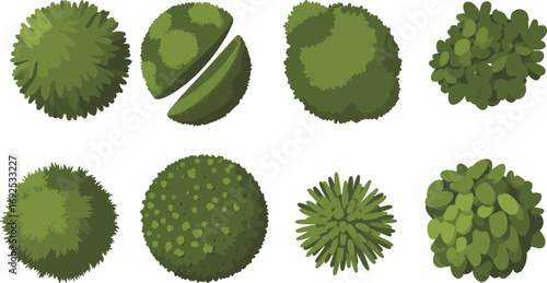 Collection of top view green bushes, vector plant illustration, decorative landscape shrubs, natural foliage design, garden greenery elements, isolated eco-friendly artwork.