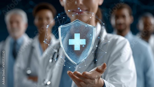 Corporate health coverage concept ,doctor holding network tablet glowing with medical data and team stethoscope shield protecting