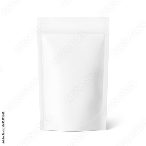 Realistic stand up pouch bag with zip lock mockup with transparent shadow. Front view. Vector illustration isolated on white background. Ready for your design. EPS10.