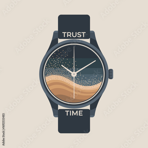 Modern flat design wristwatch with starlit sky and sandy desert dial symbolizing trust and time concepts vector