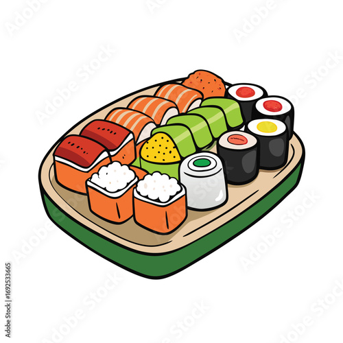 Artistic representation of a delicious sushi platter featuring nigiri and maki rolls with a side of wasabi