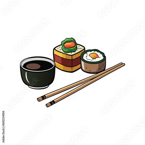 Delicious sushi roll set with chopsticks and a small soy sauce bowl illustration
