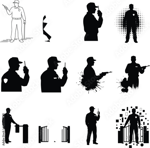 Silhouettes of hunters with bows and rifles, hunting dogs, camping gear, tents, backpacks, campfires, outdoor adventure, wilderness survival.