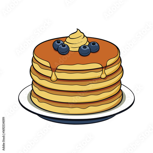 Deliciously rendered sweet pancake stack with golden syrup butter and fresh berries illustration