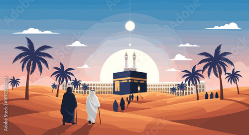 Pilgrims journey through desert sands towards Kaaba, a vibrant Islamic spiritual scene at sunset.