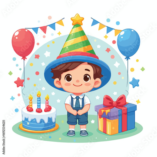 Vector image of a little boy wearing a birthday hat