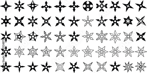 Black and white ninja star shuriken collection, traditional Japanese throwing weapons, martial arts tools, silhouettes, vector icons, set