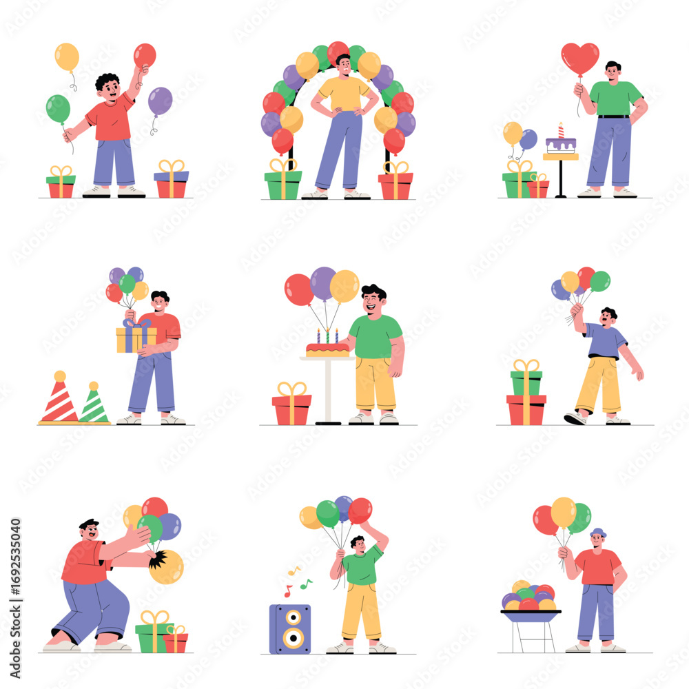 Fototapeta premium Birthday celebration Flat Vector Illustration set 1