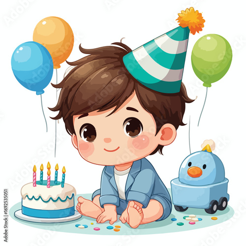 Vector image of a little boy wearing a birthday hat