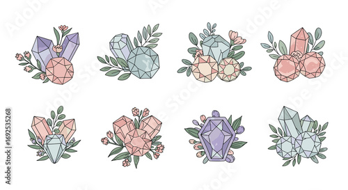 Enchanting crystal bouquets with delicate flowers and leaves create a magical, ethereal aesthetic