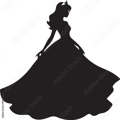 Elegant silhouette of a fairytale princess in a flowing ball gown, a classic icon of royalty and fantasy