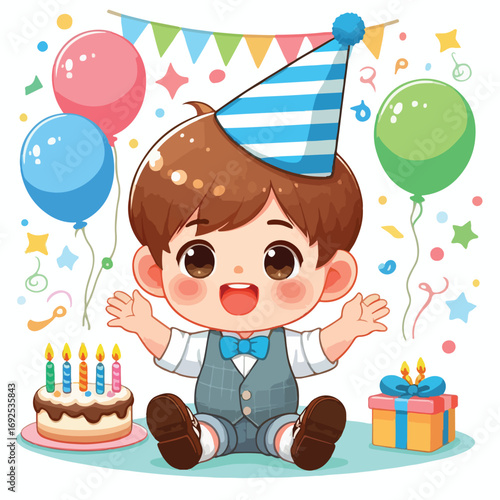 Vector image of a little boy wearing a birthday hat