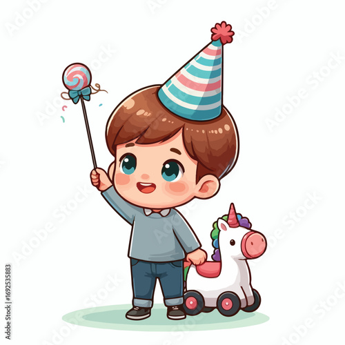 Vector image of a little boy wearing a birthday hat