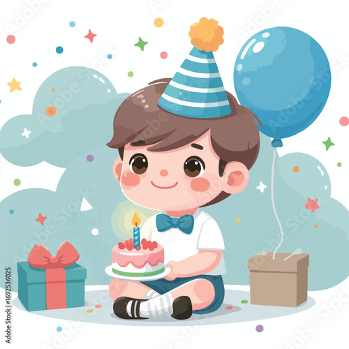 Vector image of a little boy wearing a birthday hat