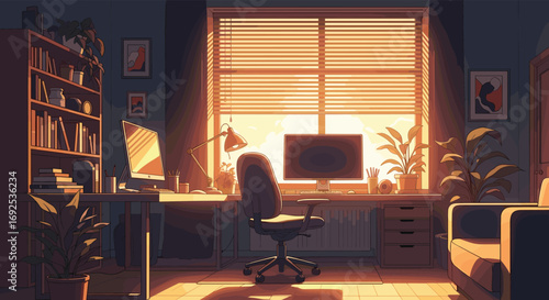 Cozy home office bathed in warm sunset light, perfect for productive evenings and creative work