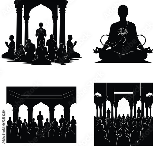 Silhouettes of people meditating, praying, spiritual gathering, yoga, mindfulness, lotus pose, temple architecture, group meditation, peaceful, calm, religious, worship, serene.