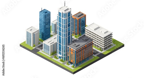 Isometric view of modern city buildings and skyscrapers isolated on white background