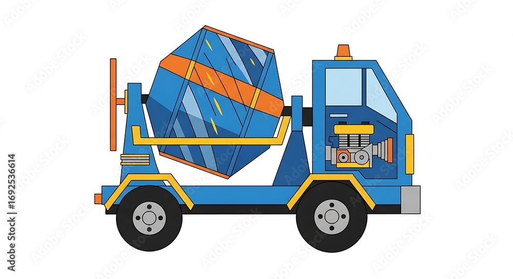 Fototapeta premium Cartoon Concrete Mixer Truck Illustration Blue Orange and Yellow Design.