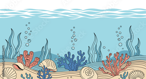 Vibrant underwater scene with coral, seaweed, shells, and bubbles brings ocean magic to life