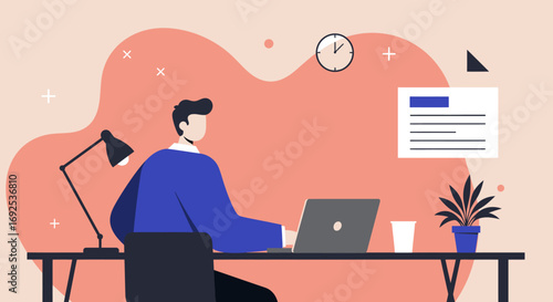 Professional man works on laptop at a modern desk, embodying remote productivity and online learning. Ideal for business, education, or lifestyle content.