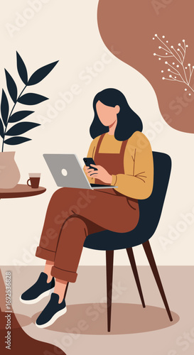 Modern woman multitasking, working remotely on laptop and phone in a cozy, stylish setting. Represents digital communication, flexible work, and modern lifestyle.