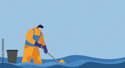 Person in protective gear actively cleans water, removing a yellow object. Represents environmental clean-up, pollution control, or flood relief efforts.