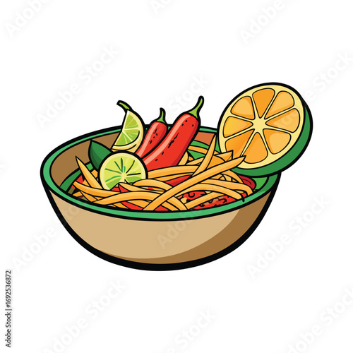 Vibrant thai papaya salad with fresh chili lime and garnishes for advertising