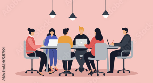 Business people collaborating in a modern office meeting, working on laptops. Concept of teamwork, productivity, and professional communication.