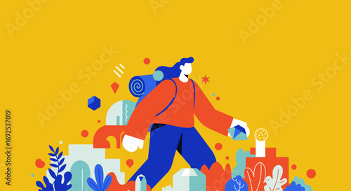 Stylized illustration of a person with a backpack exploring a vibrant, abstract landscape filled with geometric shapes and flora. Represents travel, adventure, and discovery.