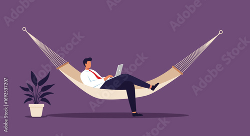 A businessman comfortably works on his laptop while relaxing in a hammock, symbolizing remote work, work-life balance, and flexible modern careers. Ideal for themes of productivity and freedom.