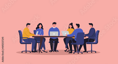Diverse business team collaborating in a modern office meeting, utilizing laptops for productive discussion and strategic planning. Ideal for corporate, technology, or startup concepts.
