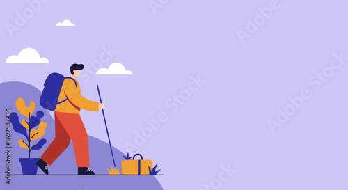 Adventurous person hiking outdoors with a backpack and walking stick, symbolizing travel, exploration, and a healthy lifestyle. Ideal for leisure and journey concepts.